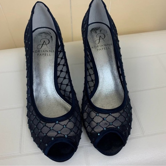 ADRIANNA PAPELL NAVY BLUE BEADED NET SHOE SIZE 6 - Picture 6 of 6
